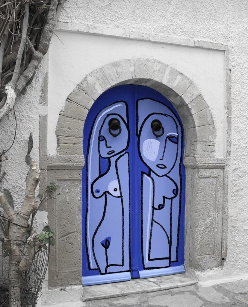 Painting of 2 ladies on a door
